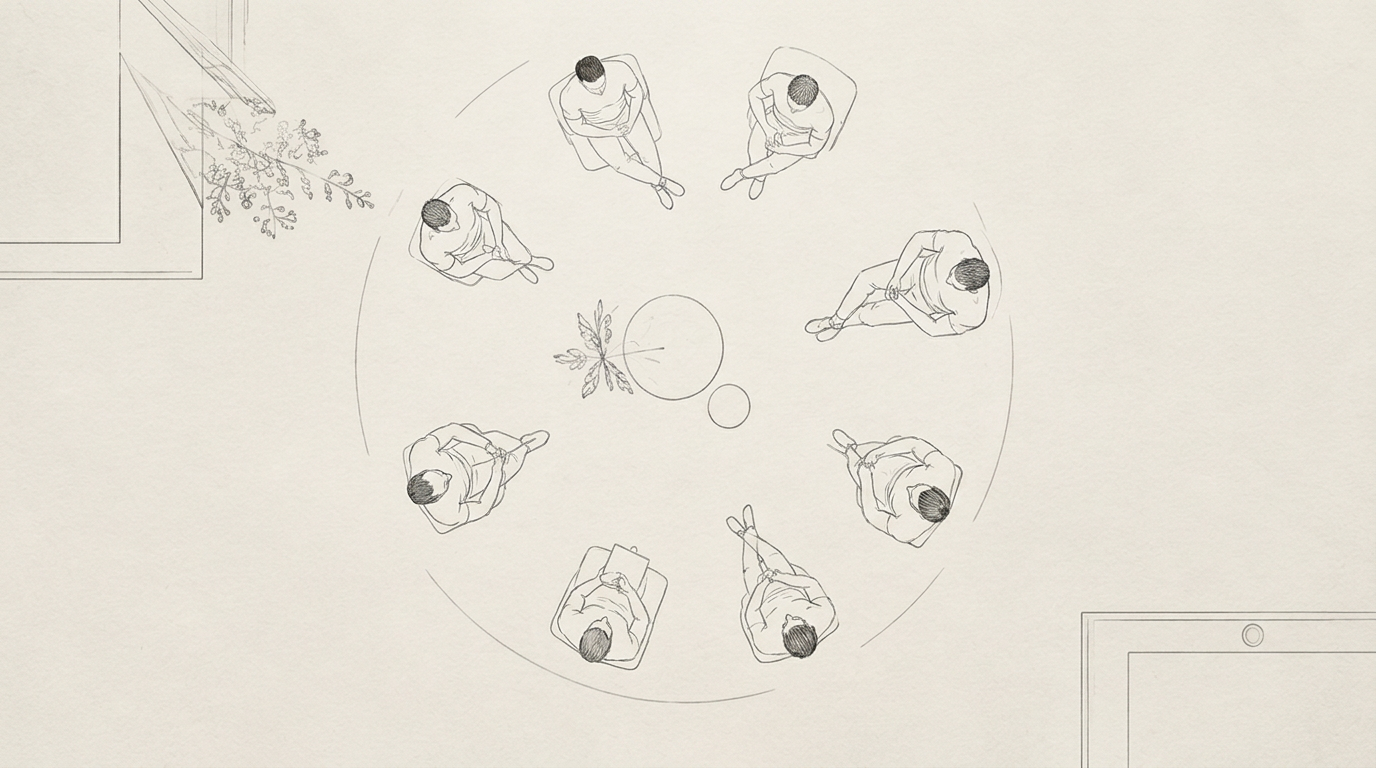 An overhead line drawing of people gathered in a circle